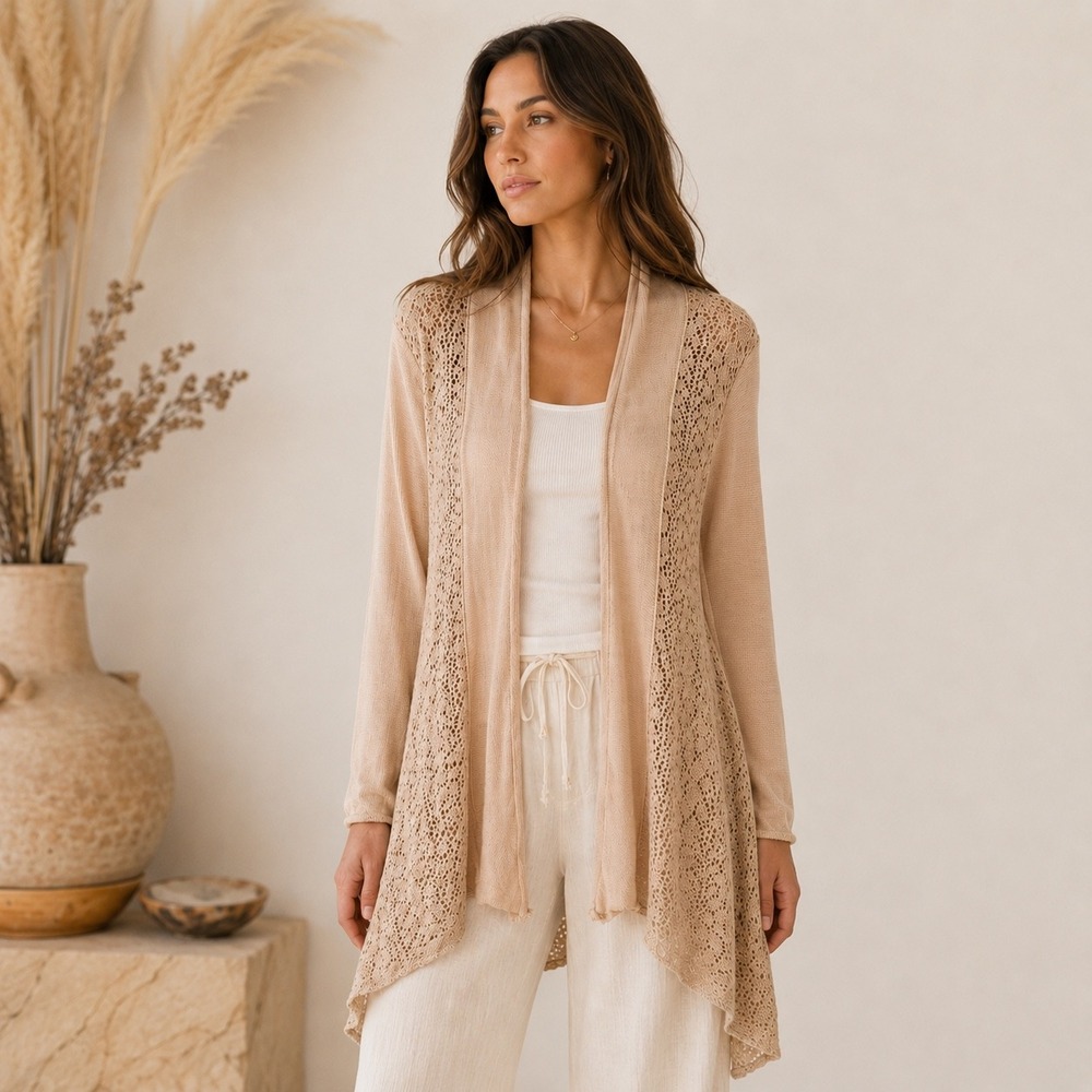 Umgee Boho Crochet Lace Open Front Cardigan Womens M Tan Cotton Coastal Classic